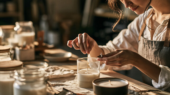 Professional artisan or chandler wearing an apron meticulously making a handmade candle, adjusting the wick in a glass jar in a workshop