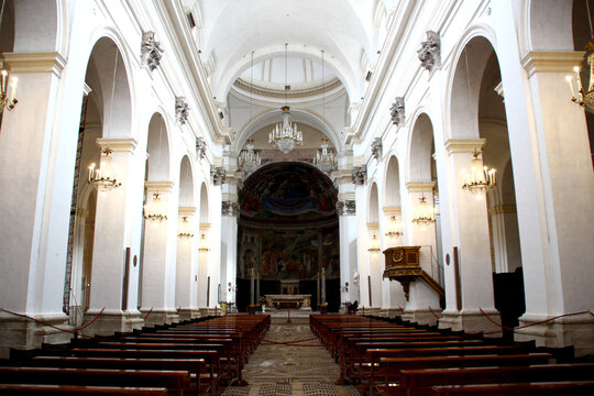 SPOLETO, ITALY - FEBRUARY 7, 2017: Central nave inside the Spoleto Cathedral. Central walkway leading toward the main altar, apse with 15th-century paintings by the Renaissance artist Filippo Lippi