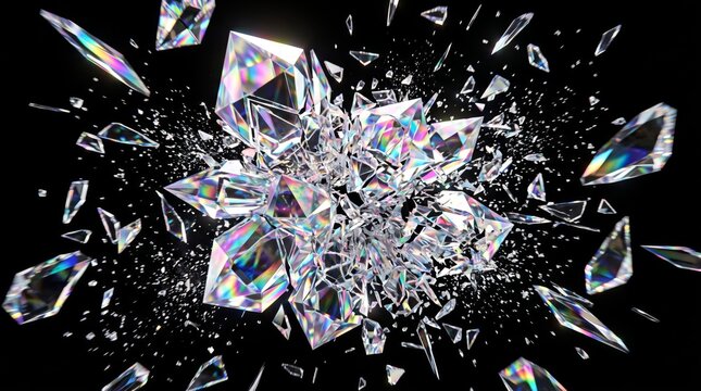 Explosion of sharp crystal shards with rainbow light reflections on black shattered glass rainbow reflection refracted light