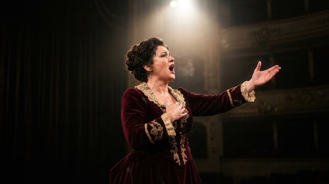 Opera Singer Performing Dramatic Aria on Stage with Spotlight.