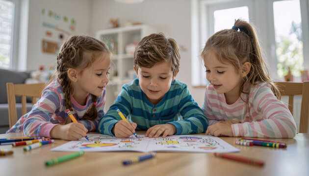 Three young children coloring together at a wooden table indoors  