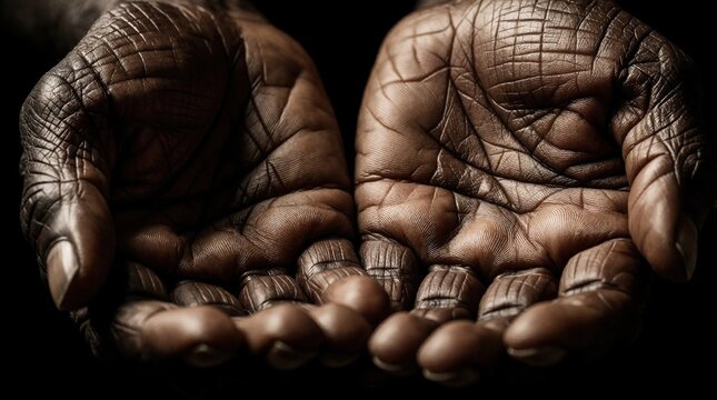 Close up of aged dark hands held open, palms up. Wrinkled skin shows life journey, detailed texture conveys wisdom and vulnerability. Hands gesture in offering or receiving.