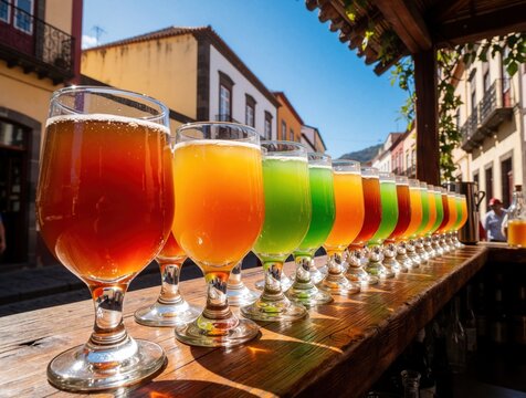 Row of colorful poncha drinks lined up on a wooden bar counter in a sunny street scene on Madeira island. Different fruity flavors with vibrant colors are ready to serve.