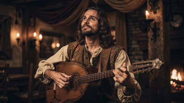 Bearded musician with long hair plays ornate lute in candlelit rustic tavern