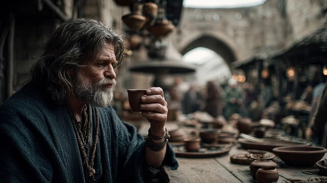 Elderly bearded man sipping warm drink rustic market stalls beneath stone arches
