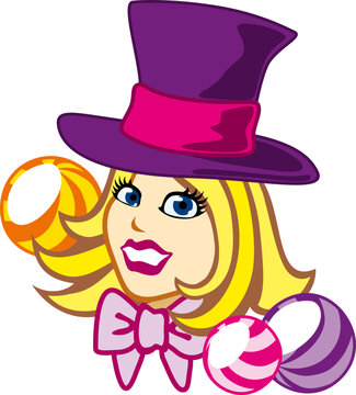 pretty girl in a purple top hat with large candy around her face