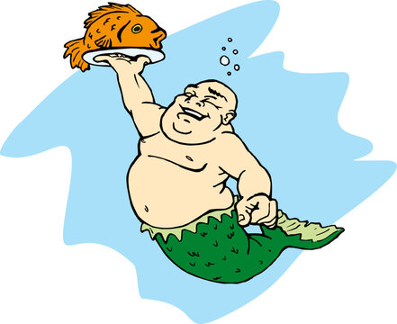 mermaid/merman waiter/server holding up a fish on a plate