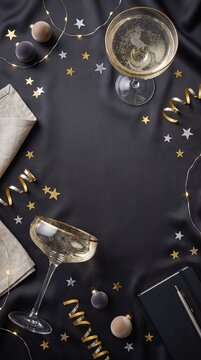 A sophisticated flat lay arrangement featuring two elegant champagne coupes filled with bubbly, nestled amidst festive golden stars, shimmering fairy lights.