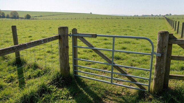 Metal gate in wooden fence marks boundary on green pasture. Rural farm land with wire fencing for livestock enclosure. Countryside meadow view under sunny sky. Agricultural property limit shows