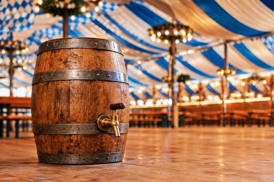 Wooden beer barrel with brass tap inside a traditional Bavarian festival tent