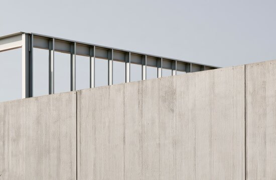 Stark concrete wall with a sleek metal railing against a clear sky