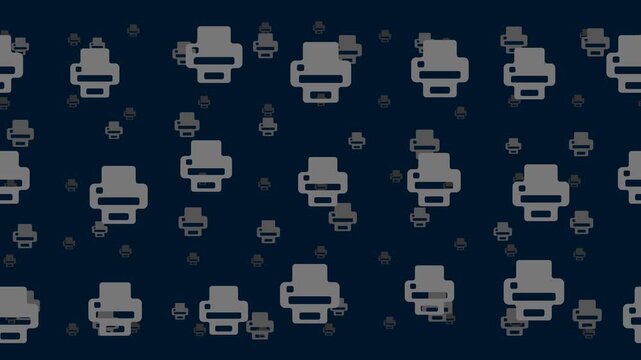 Printer symbols float horizontally from left to right. Parallax fly effect. Floating symbols are located randomly. Seamless looped 4k animation on dark blue background