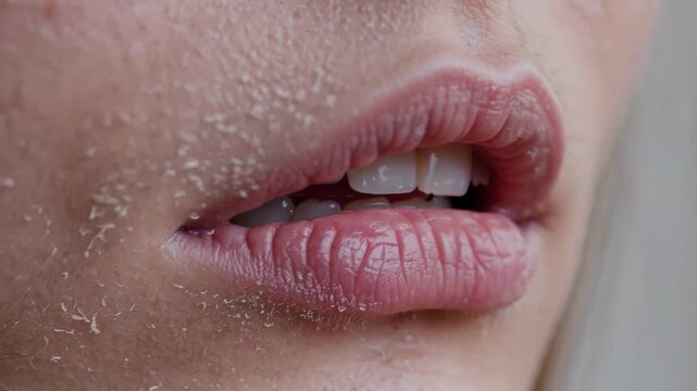 Woman's dry lips part slowly, revealing teeth in intimate beauty closeup. Female adult mouth appears tense as cracked skin flakes around pink lips, emphasizing skincare concern and facial texture.