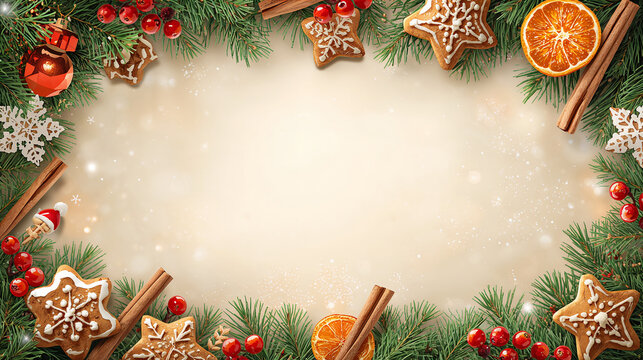 Festive Christmas frame background with star gingerbread cookies, pine branches, cinnamon sticks, dried oranges, and copy space
