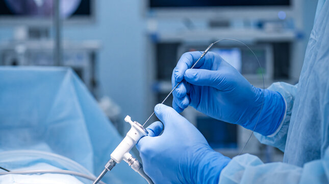 Surgeon hands in blue gloves operating a laparoscopic micro-grasper instrument in a sterile hospital