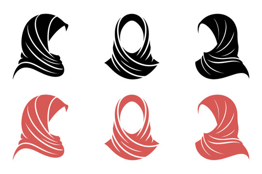 Collection of black and red hijab icons representing muslim women headwear silhouettes with headscarf
