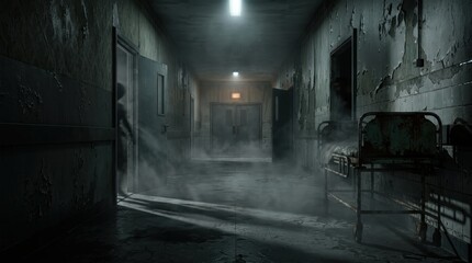Obraz premium Haunted Abandoned Hospital Corridor with Rusted Gurney and Thick Fog, Cinematic Psychological Horror Banner with Copy Space