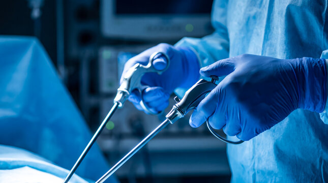 Surgeon wearing blue gloves performing a laparoscopic procedure in a modern hospital operating room