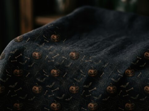 Sophisticated Halloween Pattern on Dark Textured Fabric with Jack-o'-Lanterns, Spiderwebs, Bats, and Bones, Cinematic Macro Photography Background with Copy Space