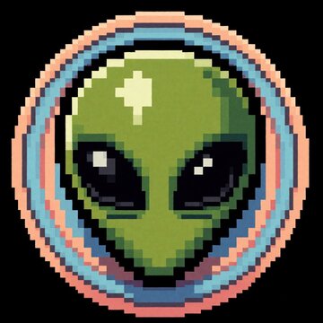 Green alien head icon, pixel art style, circular badge design with retro colors. Simple, minimalist graphic for gaming, sci fi themes on black background.
