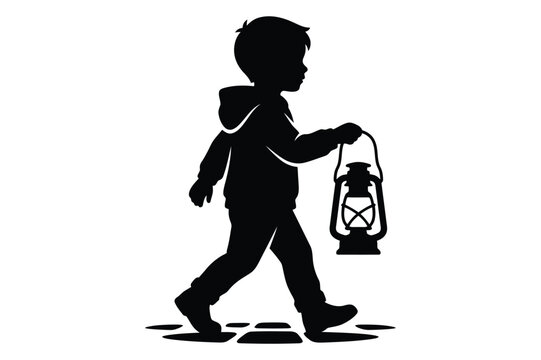 Young boy walking holding traditional handheld oil lantern with exploration