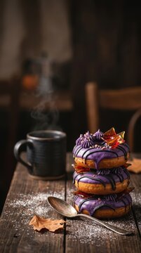 Gourmet Halloween donut stack with purple ube glaze and sugar glass on rustic wood table with coffee and copy space