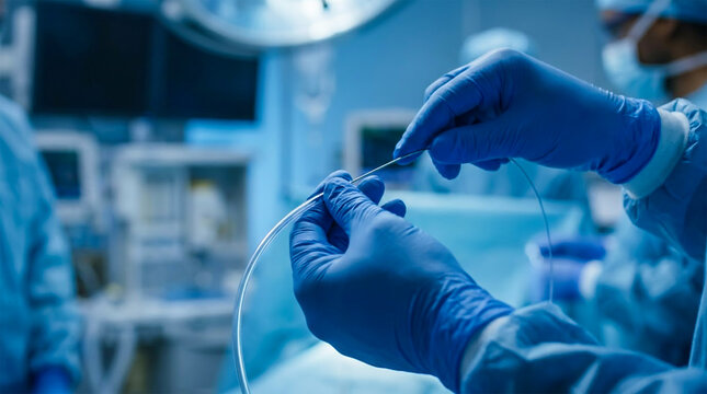 Surgeon hands in blue gloves performing a medical procedure with a catheter in a sterile operating room