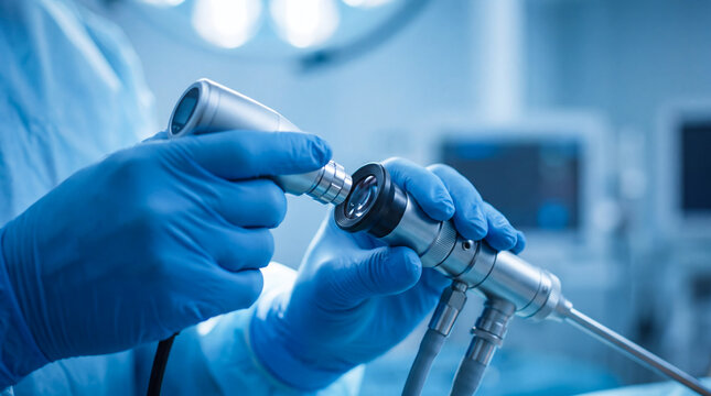 Medical professional attaching surgical camera head to laparoscopic instrument in operating room with sterile workspace