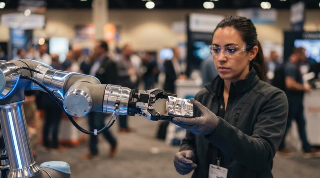 Collaborative robot handing a machined part to an engineer in a conference hall