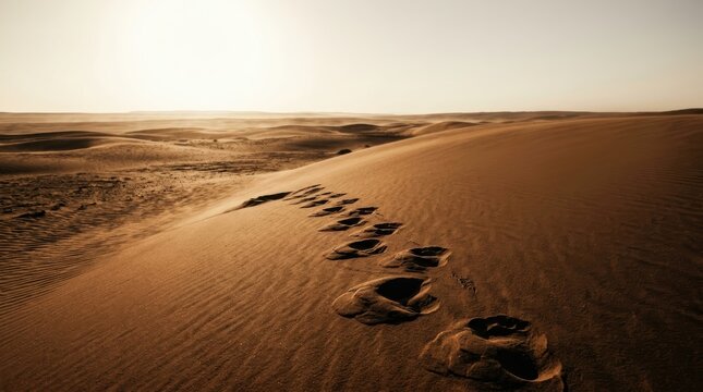 Eerie Desert Landscape with Mysterious Vanishing Footprints and Large Copy Space for Conceptual Narrative
