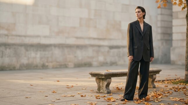 Androgynous model in charcoal wool suit, fall fashion banner, urban courtyard with leaves and copy space.