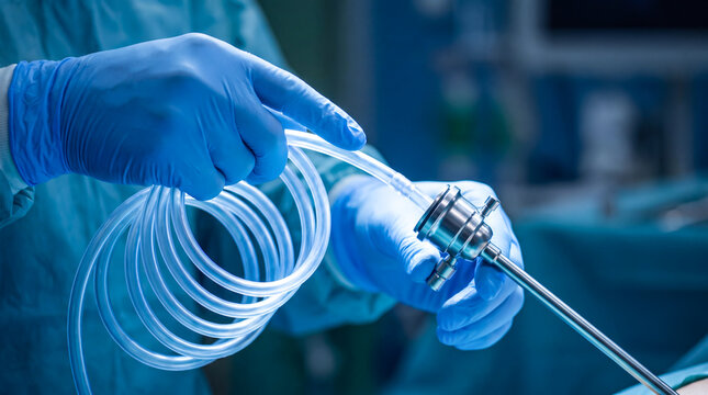 Surgeon wearing blue gloves preparing laparoscopic insufflation tubing for a surgical procedure