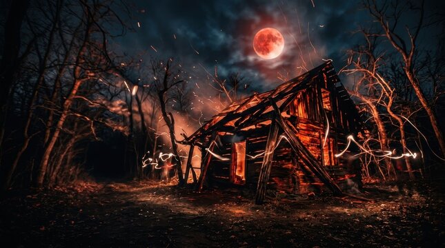 Abandoned wood cabin in spooky forest under blood moon with light painting and embers