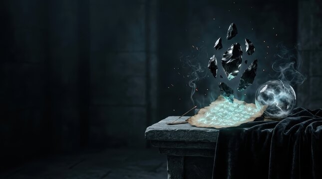Mystical Occult Ritual Banner with Levitating Obsidian Shards and Glowing Sigils on Stone Altar with Large Copy Space