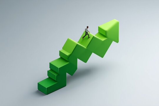 Isometric view of a giant green zigzag arrow ramp rising upward with one small figure climbing it, business growth concept, 3D illustration