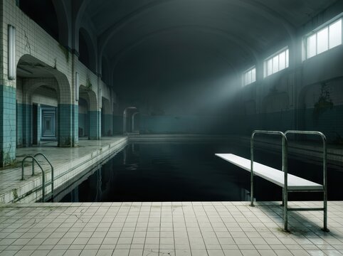Surreal Abandoned Indoor Pool with Liminal Space Aesthetic, Diving Board over Dark Water, and Infinite Tiled Corridors in Eerie Atmosphere with Copy Space
