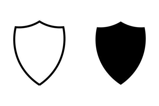 Black and white shield icons set with outline and solid shapes for security and protection design