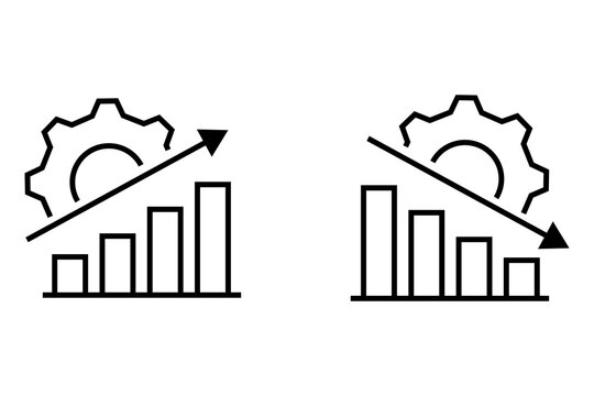 Black and white business bar chart icons showing growth and decline with gears