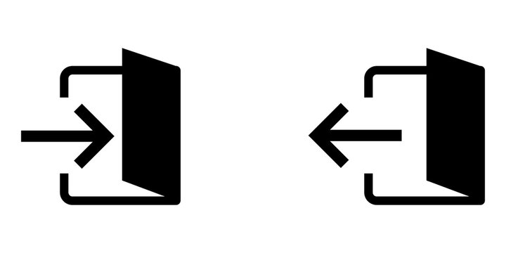 Black sign icons for entering and exiting with arrow symbols pointing in and out of a door frame