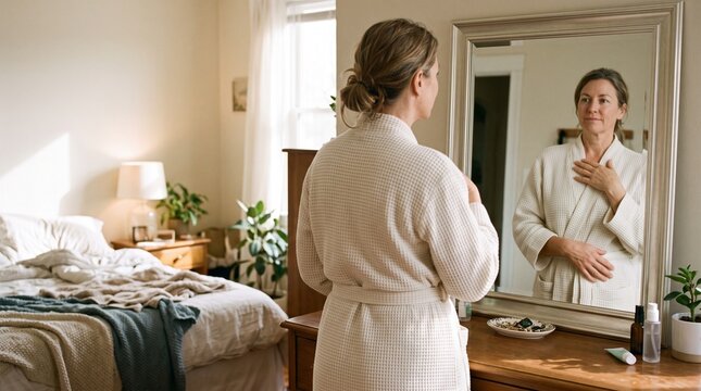 Woman in bathrobe looking in mirror in bedroom with morning light