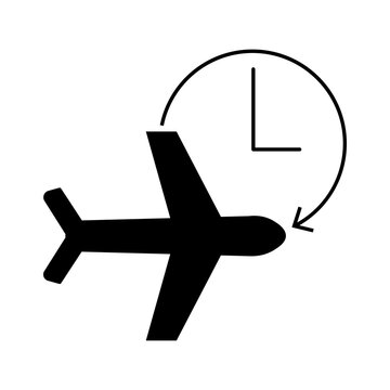 Black airplane icon with clock arrow symbol representing flight time and travel schedule
