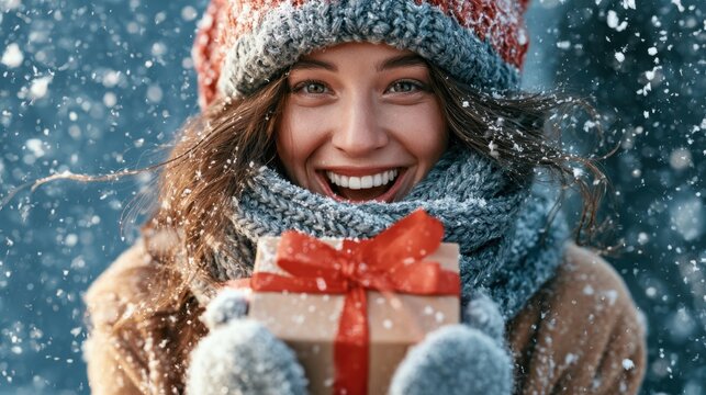 Young woman holding a wrapped gift in snowy winter wearing knitted hat and scarf, holiday joy