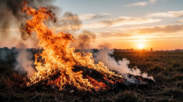 Bright orange flames ignite piled dry grass and wood. White smoke billows up against a vivid sunset sky over a rural field. Evening burn scene with warm light and atmospheric haze.