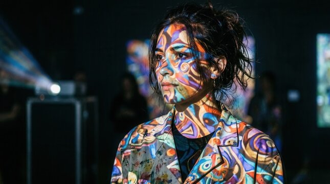 Woman with abstract colorful projection art on her face and jacket.