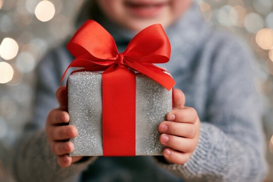 Child holding a silver gift box with red ribbon and bow for Christmas surprise