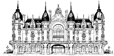 Obraz premium Ornate art nouveau architectural engraving of an elaborate facade isolated on white for vintage poster and background design