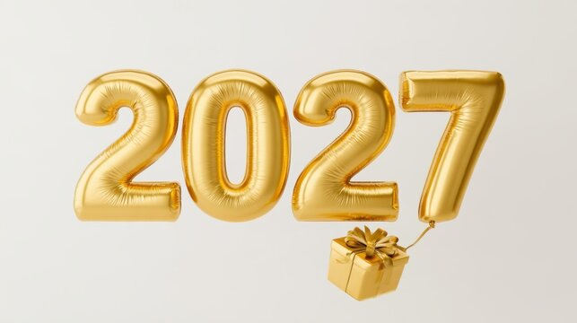Golden 2027 foil balloons with attached gift box on white background for new year celebration