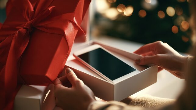 Woman opening Christmas gift box with new smartphone beside decorated tree and lights