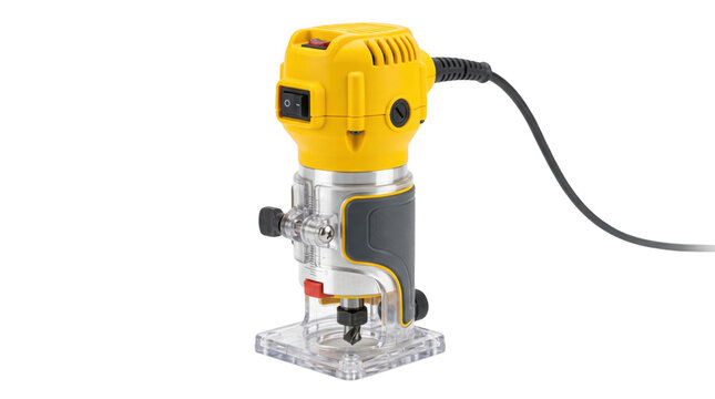 Yellow electric palm router for woodworking, compact wood trimmer tool, professional handheld milling machine on white background
