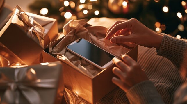 Person unboxing smartphone gift by Christmas tree with warm lights and golden wrapping